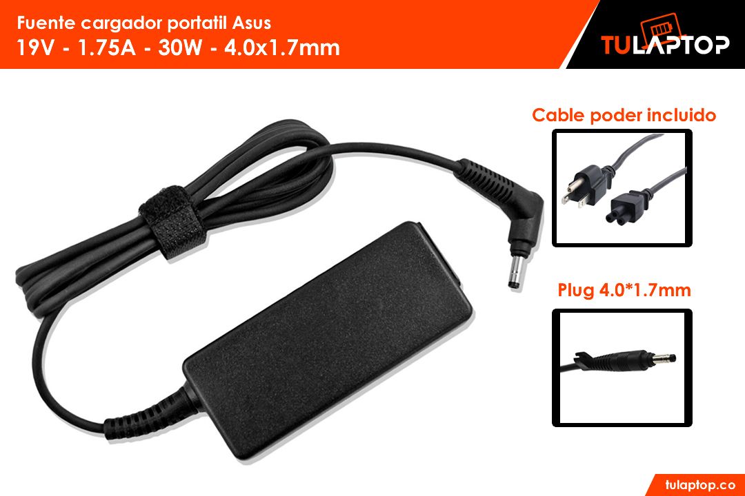 Fuente cargador para computador Asus 19V 1.75A 33W 4.0*1.35mm - Tu Laptop