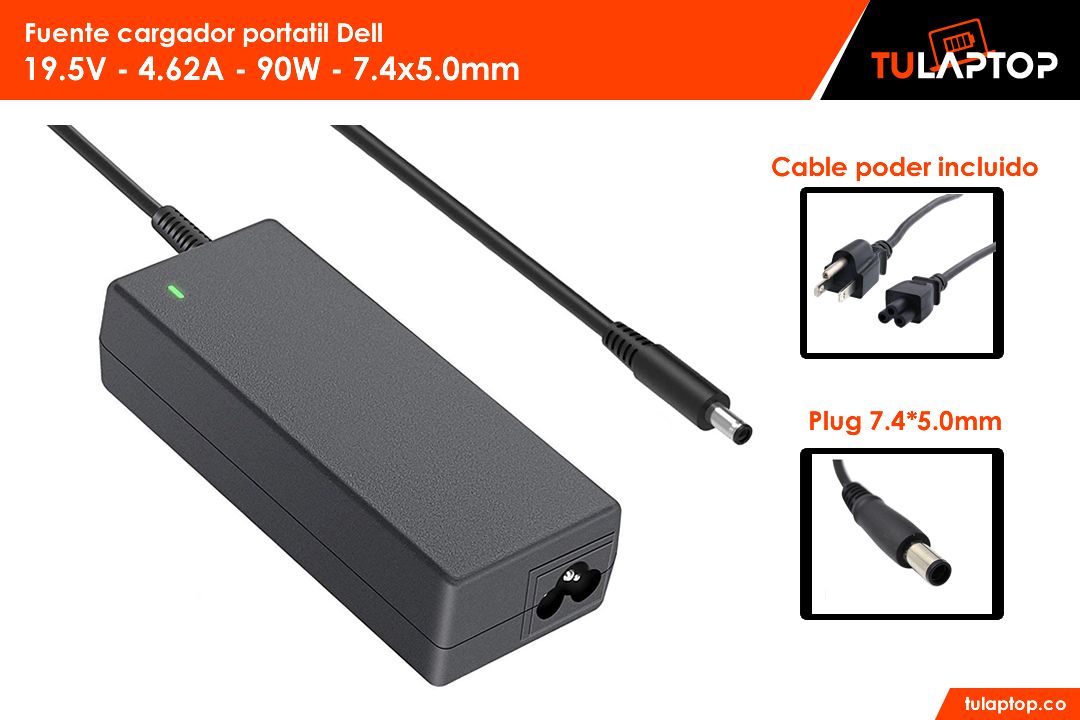 Fuente cargador para computador Dell 19.5V 4.62A 90W 7.4*5.0mm Punta aguja - Tu Laptop