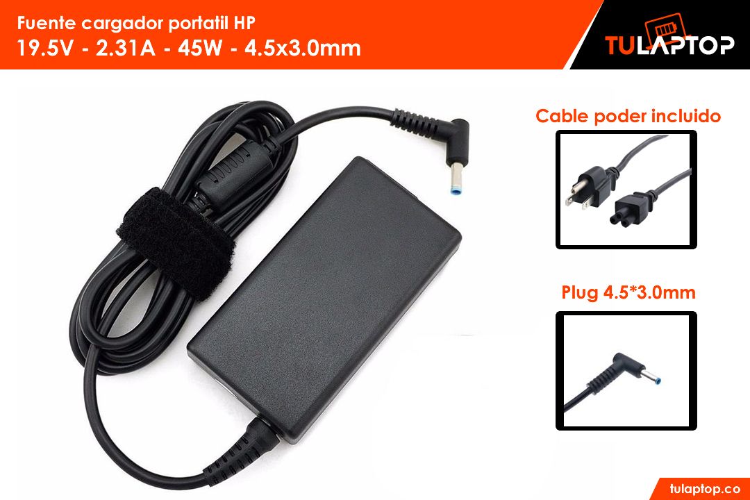Fuente cargador para computador HP 19.5V 2.31A 45W 4.5x3mm Punta azul - Tu Laptop