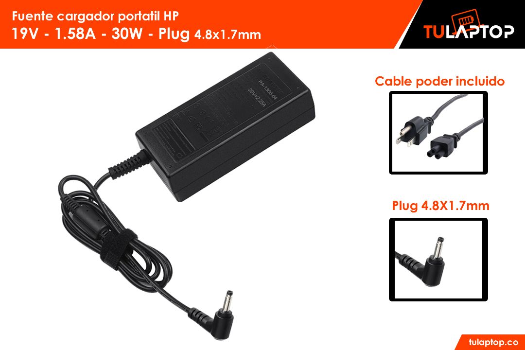 Fuente cargador para computador HP 19V 1.58A 30W 4.8x1.7mm - Tu Laptop