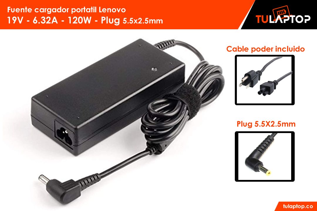 Fuente cargador para computador Lenovo 19V 6.32A 120W 5.5x2.5mm - Tu Laptop