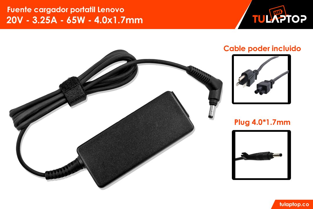 Fuente cargador para computador Lenovo 20V 3.25A 65W 4.0x1.7mm - Tu Laptop
